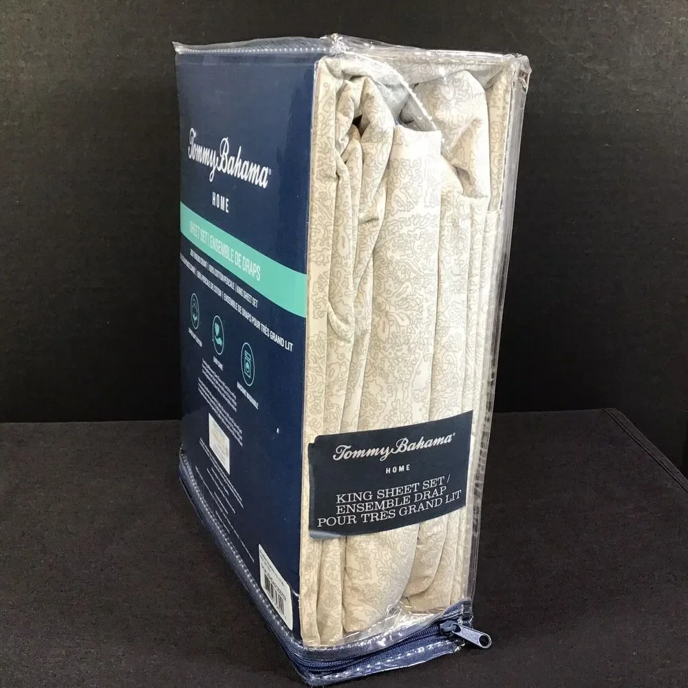 Tommy Bahama 100% Cotton Percale Breakwater Basin Grey King Sheet Set NEW